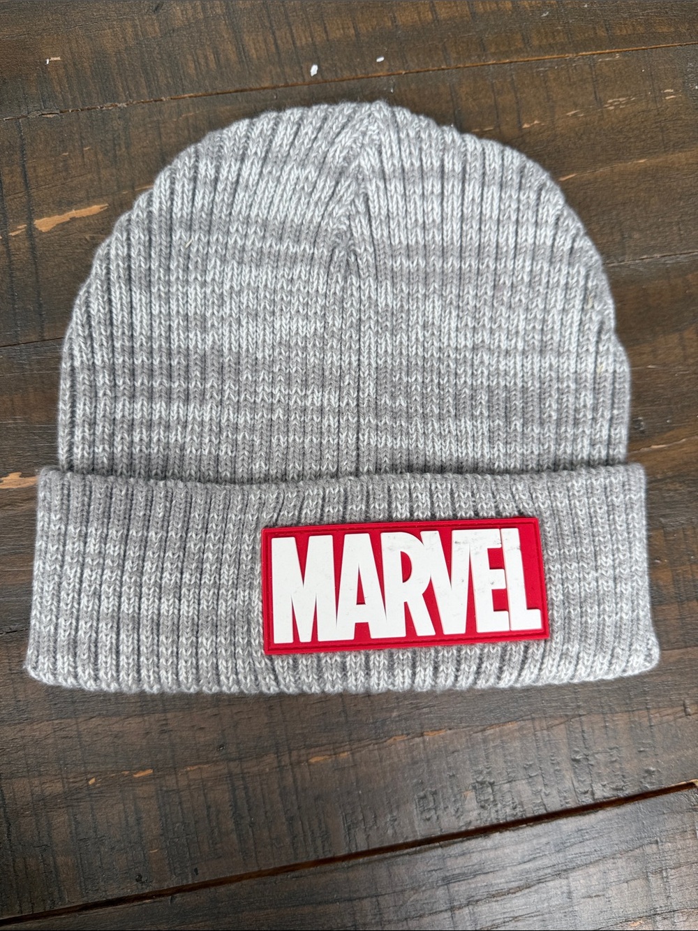 Marvel Light Gray Knit Beanie with Red Logo Patch